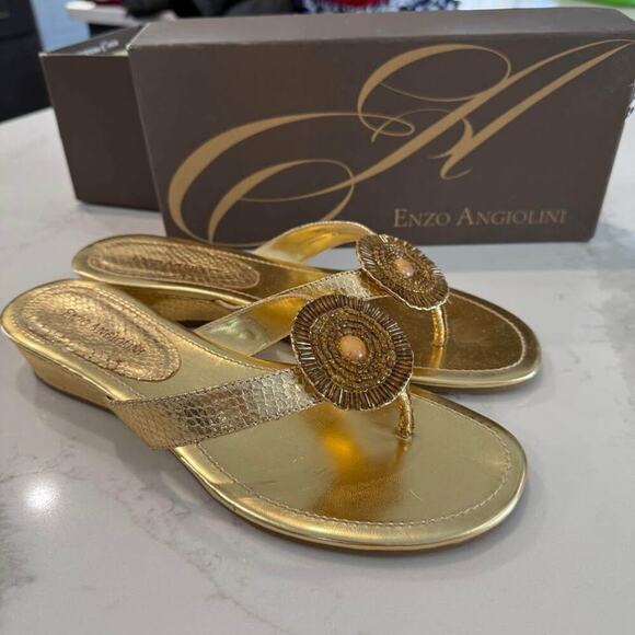 Enzo Angiolini Eanetta Sandals Women's 8 Stacked Wedge Heel Jeweled Beaded Gold - Picture 1 of 10